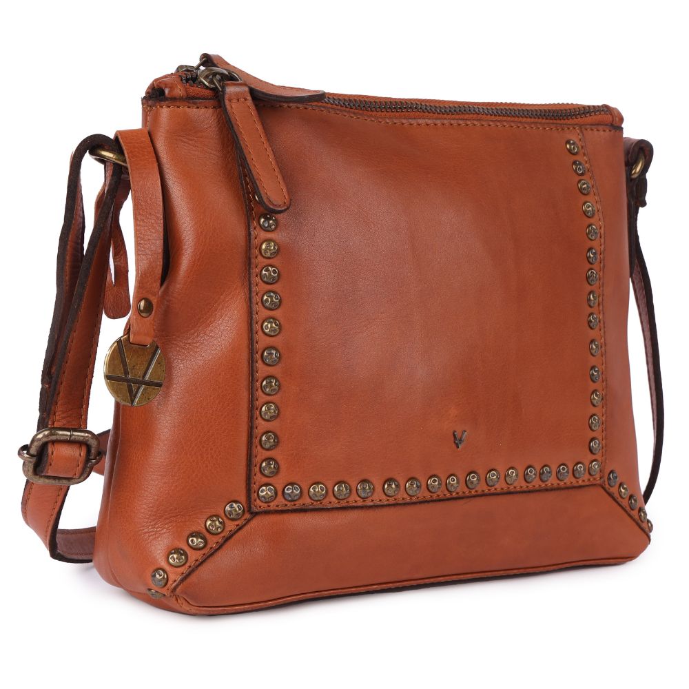 Genuine Italian Leather Boho Studded Crossbody Sling Bag – Cognac