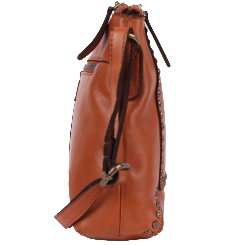 Genuine Italian Leather Boho Studded Crossbody Sling Bag – Cognac