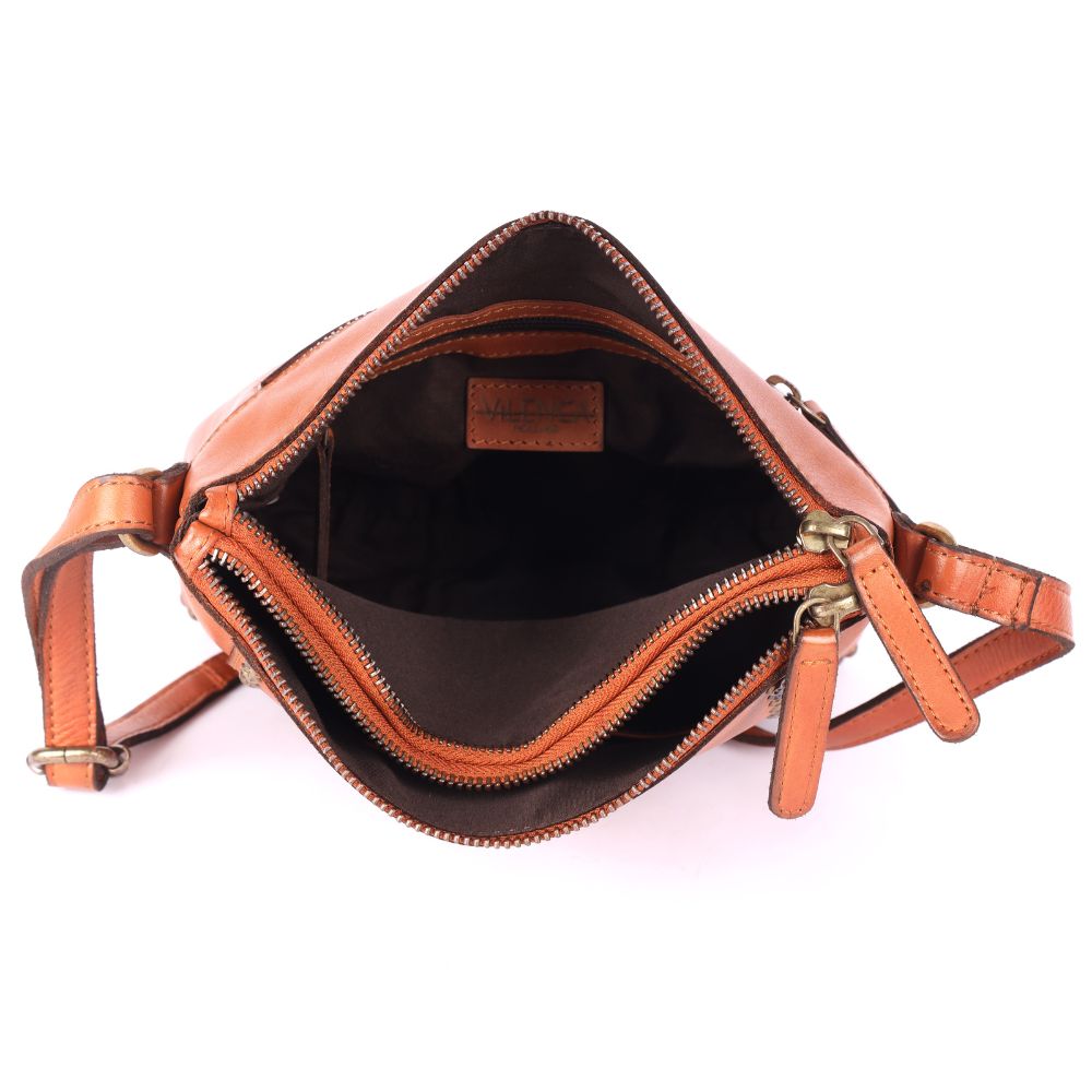 Genuine Italian Leather Boho Studded Crossbody Sling Bag – Cognac