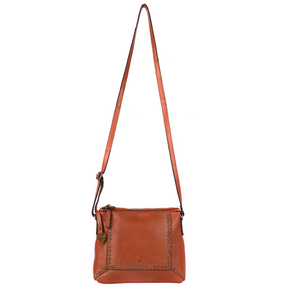 Genuine Italian Leather Boho Studded Crossbody Sling Bag – Cognac