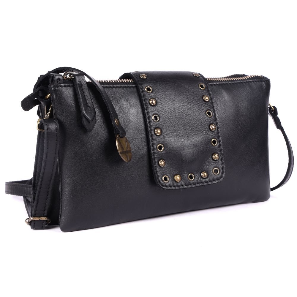 9.5 inch Genuine Italian Leather Boho Studded Crossbody Sling Bag - Stylish, Durable, & Perfect for Everyday Use for women