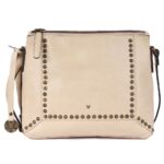Genuine Italian Leather Boho Studded Crossbody Sling Bag – Beige