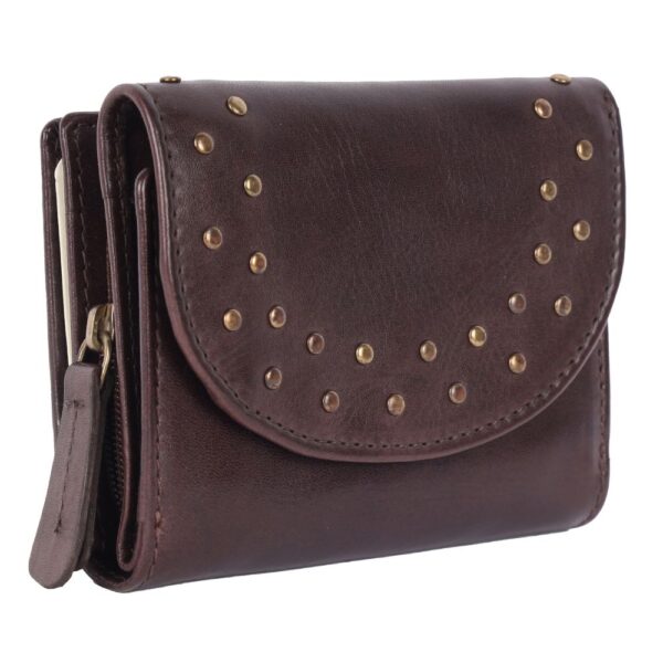 Genuine Italian Leather Boho Studded Trifold Double Flap Closure Wallet – Zipper Coin Purse & Credit Card Holder for Women
