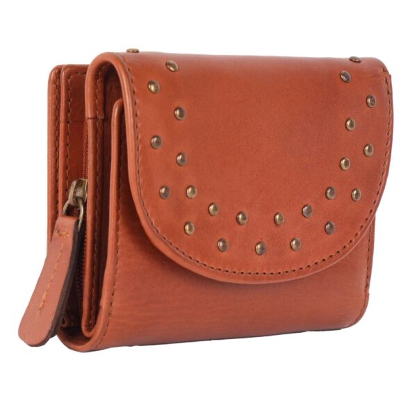 Genuine Italian Leather Boho Studded Trifold Double Flap Closure Wallet – Zipper Coin Purse & Credit Card Holder for Women
