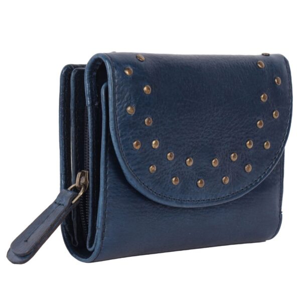 Genuine Italian Leather Boho Studded Trifold Double Flap Closure Wallet – Zipper Coin Purse & Credit Card Holder for Women