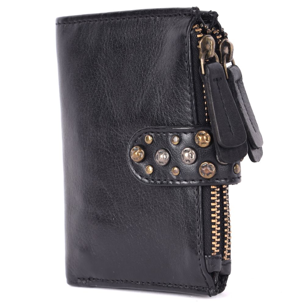 Genuine Italian Leather Boho Studded Bifold Wallet – Zipper Coin Purse & Credit Card Holder for Women