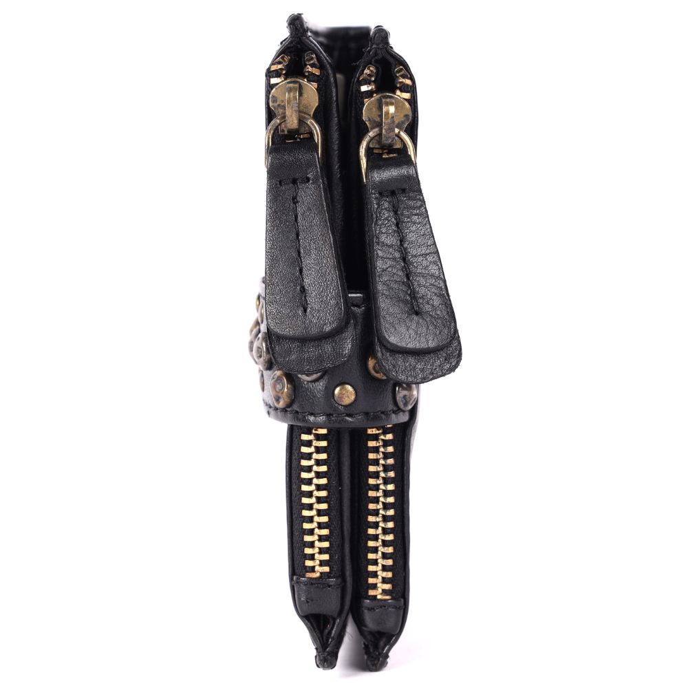 Genuine Italian Leather Boho Studded Bifold Wallet – Zipper Coin Purse & Credit Card Holder for Women