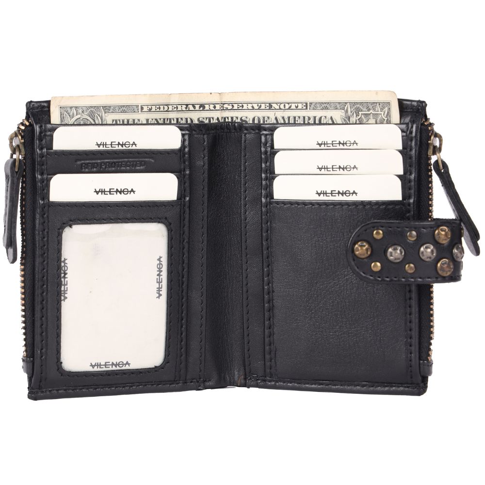 Genuine Italian Leather Boho Studded Bifold Wallet – Zipper Coin Purse & Credit Card Holder for Women