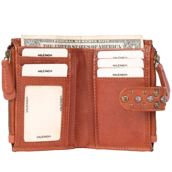 Genuine Italian Leather Boho Studded Bifold Wallet – Zipper Coin Purse & Credit Card Holder for Women